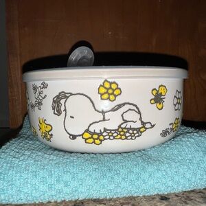 Snoopy Hand Painted White Ceramic Bowl with Cartoon Design and vented Lid